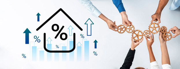 Dynamic teamwork image showcasing hands joining gears while financial growth symbols illustrate collaborative efforts in real estate investment strategies. Gantry