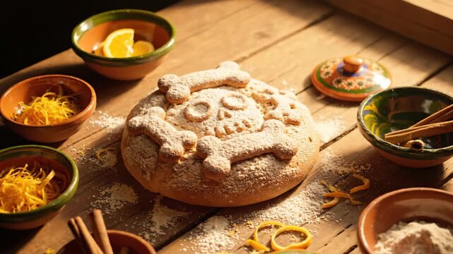 Traditional sweet bread with decorative skull on rustic wooden table