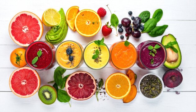 Smoothies and fresh ingredients on white wooden background, top view. Health or detox diet food concept.