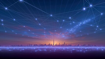 Futuristic network city skyline sunrise, digital grid horizon with blue connection web, smart urban landscape and data flow glowing nodes interface, connected dots sky, technology information - Powered by Adobe