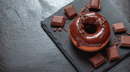 Close-up of a dark chocolate glazed donut on a dark slate board, with a smooth, velvety finish and small pieces of chocolate on top