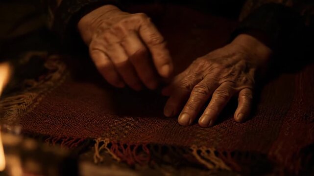 Elderly hands resting on woven fabric near a fire, warm lighting.