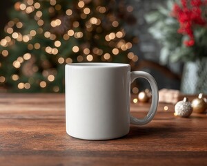 Obraz premium Blank White Mug on Rustic Christmas Table with Festive Lights
