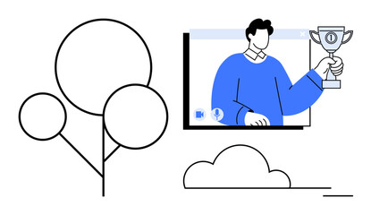 Man on a video call holding a trophy on a screen, illustrated with abstract tree and cloud symbols. Ideal for digital achievement, online success, teamwork, remote recognition, virtual rewards