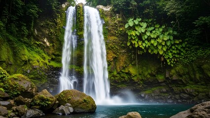 Fototapeta premium Lush green jungle waterfall in a tropical paradise