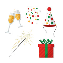 Festive Celebration Elements: Champagne, Confetti, Party Hat, Sparkler, and Gift