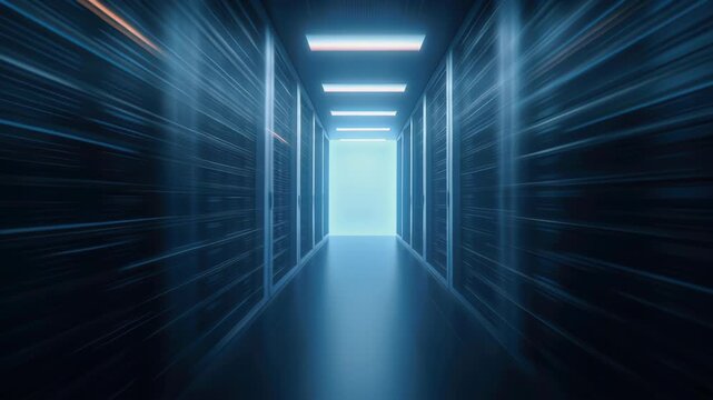 Futuristic data center server corridor technology information network storage security vision glowing hallway with blue lit server racks conveys speed, focus, trust, secure infrastructure