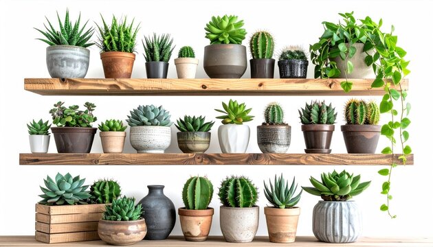 Sustainable home still life with potted plants, succulents and garden accessories on wooden shelf on white background.
