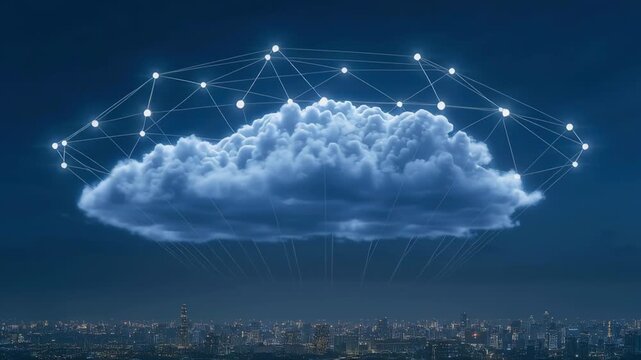Cloud computing network data security digital storage technology connection information, glowing cloud night sky cityscape urban skyline blue hue digital concept data cloud technology information