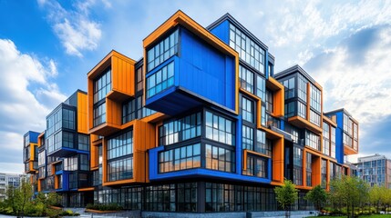 Modern colorful apartment building, city skyline, sunny day, architectural design, real estate