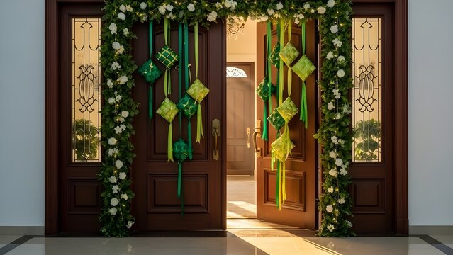 A welcoming double door entrance decorated for Eid al-Fitr (Lebaran) with green ribbons, floral garlands, and hanging diamond-shaped ketupat. Interior is visible, suggesting a warm homecoming and cele - Powered by Adobe
