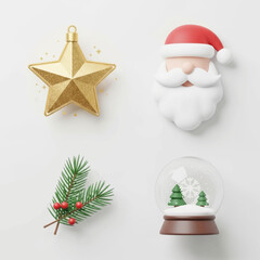 Festive 3D Christmas Holiday Elements Collection with Star, Santa, Pine, and Snow Globe