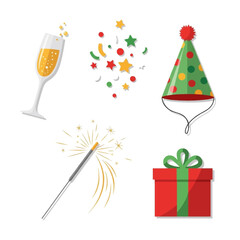 Festive Party Elements: Champagne, Confetti, Hat, Sparkler, Gift
