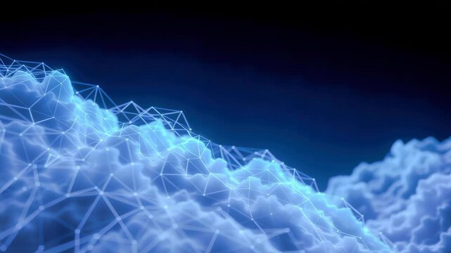 Futuristic cloud network digital data grid blue neon mesh abstract polygon surface cyber landscape technology information flows with dynamic depth and calm mood ethereal cloud network digital