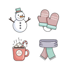 Charming Winter Icons Set: Snowman, Mittens, Hot Cocoa, and Scarf Illustrations