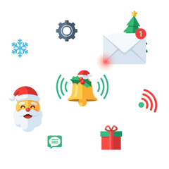 Vibrant Flat Design Christmas Holiday Digital Notification and Communication Icons Set with Santa, Bell, Gift, and Mail
