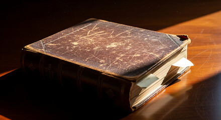 Old brown book on wooden table