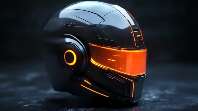 Futuristic helmet with glowing visor on dark surface