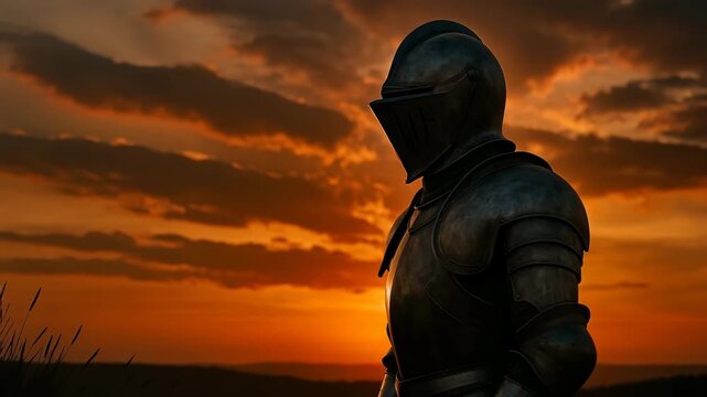 Medieval knight in dark steel armor standing against dramatic orange sunset sky, heroic fantasy warrior silhouette with glowing clouds on the horizon.

