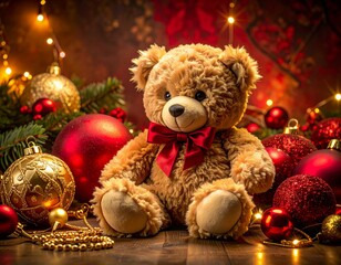 레드&middot;골드 크리스마스 오너먼트와 테디베어 Teddy Bear with Red and Gold Christmas Ornaments