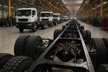 Heavyduty truck assembly line in factory Manufacturing process with frames chassis and suspension systems