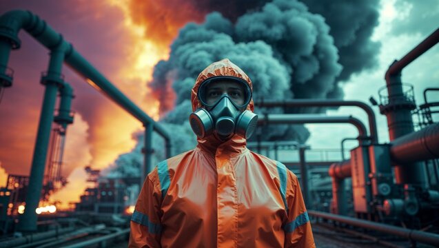 Person in protective suit and gas mask against industrial disaster