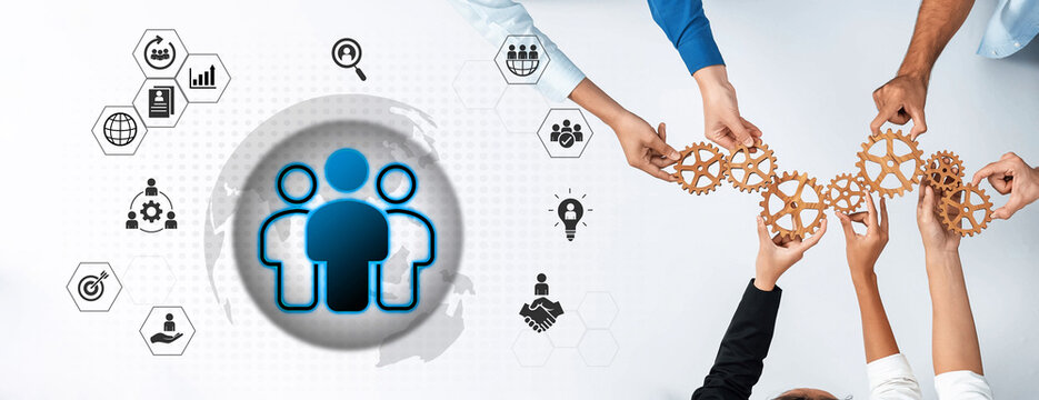 Glowing human figures surrounded by business icons representing HR data analysis, employee management, and recruitment analytics Parse