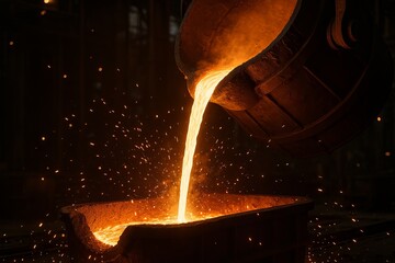 Molten metal pouring in container at foundry Industrial casting process in heavy factory