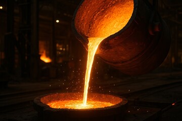 Molten metal pouring in container at foundry Industrial casting process in heavy factory