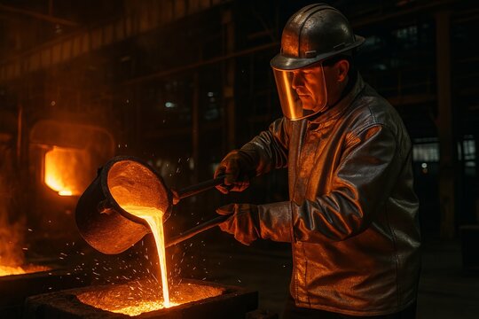 Molten metal pouring in container at foundry Industrial casting process in heavy factory