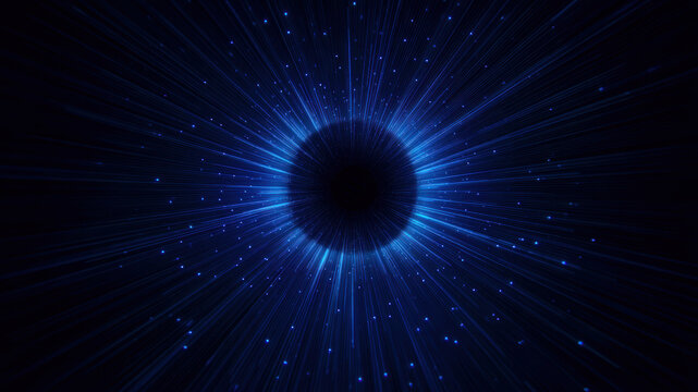 Blue tunnel cyber data digital abstract radial circular vortex light lines surge into dark core, sci fi energy flow with cinematic movement and hypnotic depth, hi res futuristic background