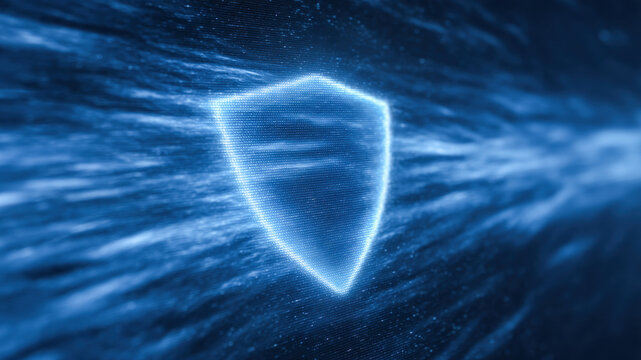 Technology cybersecurity data network protection shield digital security information firewall start futuristic flow as light streak surround glowing shield icon blue abstract background evoking