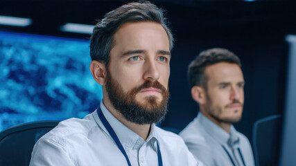 Fototapeta premium Focused engineer bearded man male office control room computer monitor analyst cybersecurity technology. Focused engineer bearded man male control room computer monitor analyst cybersecurity