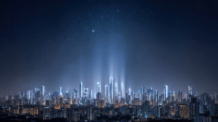 Futuristic city skyline smart city night cityscape glowing skyscraper urban lights digital network blue neon modern architecture technology innovation breathe wonder under starry sky