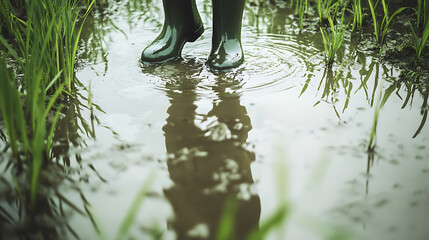 Person wearing boots walking through a flooded field with reflections in the water