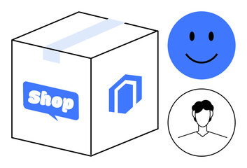 E-commerce concept. E-commerce symbols highlight online stores, product delivery, and customer service. E-commerce simplifies shopping, shipping, and digital customer interaction. Great for retail