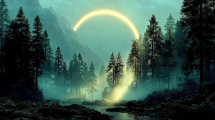 Neon Halo over Misty Forest Valley