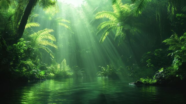 Sunbeams in lush jungle; tranquil river; nature backdrop; travel