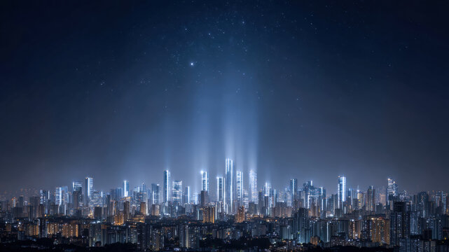 Futuristic city skyline smart city night cityscape glowing skyscraper urban lights digital network blue neon modern architecture technology innovation breathe wonder under starry sky