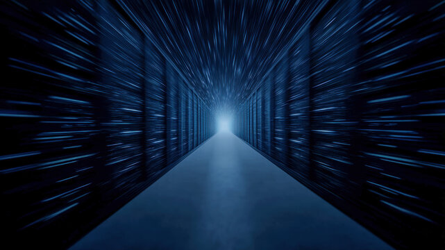 Data center corridor server rack digital flow network speed blue light motion blur futuristic technology information tunnel energy pulses guide data center corridor server rack digital flow