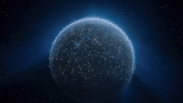 Global network digital planet data connection star field blue glow technology information cyber sphere night sky space background Enigmatic globe shows technology and information woven across - Powered by Adobe