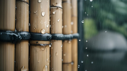 Serene close-up of bamboo fence adorned with glistening raindrops during a gentle rainfall in a tranquil garden setting, evoking peace and natural beauty