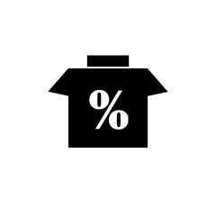 Black icon showing discount percentage inside cardboard box. Home icon on a white background. 