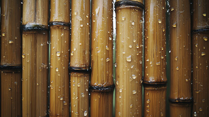 Warm bamboo stalks adorned with glistening raindrops, showcasing a natural organic texture and the serene beauty of a peaceful, damp outdoor environment