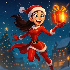 Cartoon Christmas Girl Holding Gift, Santa Outfit in Winter Night Scene