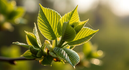 Fresh green spring leaves on a branch