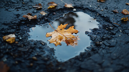 A lone, vibrant yellow leaf rests on the surface of a small puddle on an asphalt surface, reflecting the surrounding environment