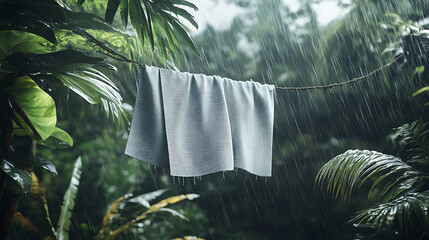 Linen fabric drying on a clothesline amidst lush green foliage in a tropical rainforest during a heavy downpour