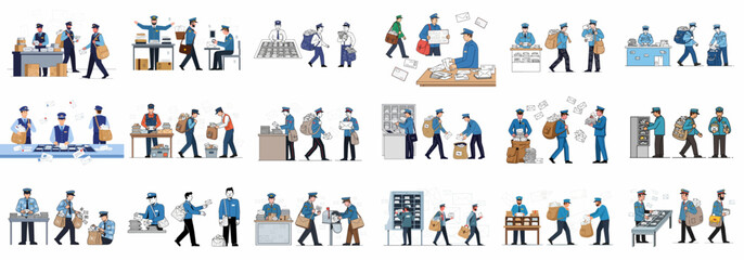 Set of vector illustrations depicting professional postmen and mail delivery services, handling letters, packages, and parcels at the sorting office.