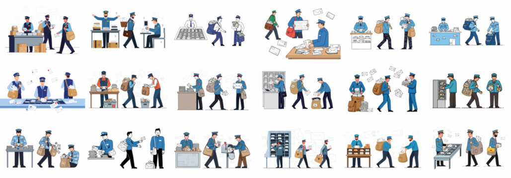 Set of vector illustrations depicting professional postmen and mail delivery services, handling letters, packages, and parcels at the sorting office.
